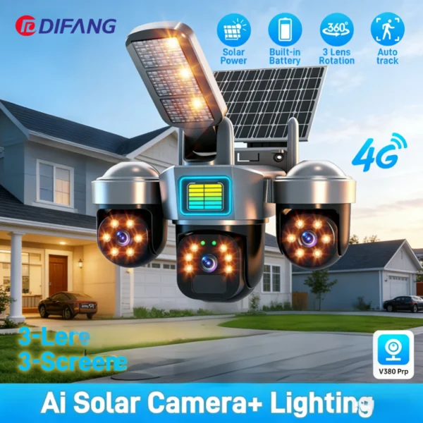 กล้องวงจรปิด 4G ซิมการ์ด พลังงานแสงอาทิตย์ PTZ  ไร้สายสำหรับภายนอกอาคาร ตรวจจับความเคลื่อนไหวด้วยเซ็นเซอร์ PIR  กล้อง IP WiFi พร้อมไซเรน  กล้องวงจรปิดพลังงานแสงอาทิตย์  ไฟโซลาร์ 1