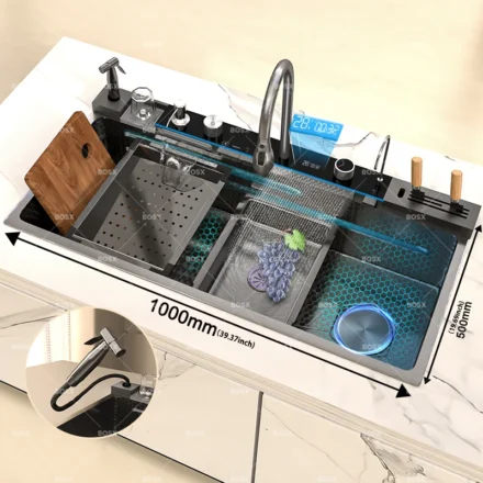 อ่างล้างจานสแตนเลสแบบน้ำตก อ่างล้างจานขนาดใหญ่พิเศษแบบช่องเดียว พร้อมชุดก๊อกน้ำแบบดิจิตอลสำหรับห้องครัว 1