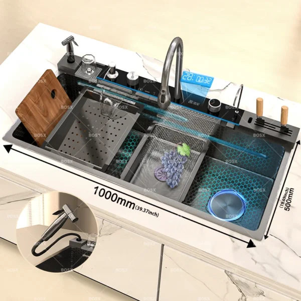 อ่างล้างจานสแตนเลสแบบน้ำตก อ่างล้างจานขนาดใหญ่พิเศษแบบช่องเดียว พร้อมชุดก๊อกน้ำแบบดิจิตอลสำหรับห้องครัว 1