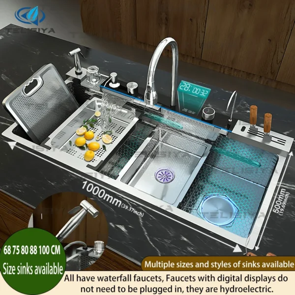 อ่างล้างจานสแตนเลสมัลติฟังก์ชั่นจอแสดงผลดิจิตอลน้ําตกขนาดใหญ่ช่องเดียวพร้อมชั้นวางสําหรับมีดล้างจานอ่างล้างหน้า 1