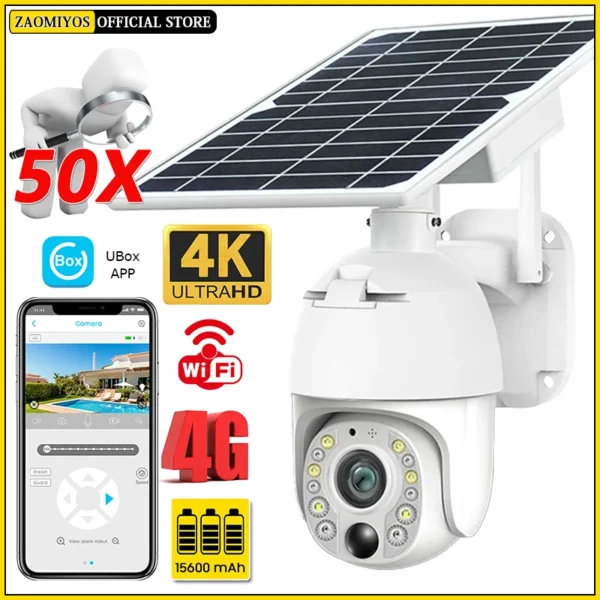 พลังงานแสงอาทิตย์กล้องเฝ้าระวังกลางแจ้ง 4G SIM 50X ซูมการตรวจจับ PIR Night Vision กล้องวงจรปิดขับเคลื่อน Wifi Security IP Monitor Cams 1