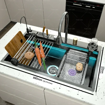 อ่างล้างจานสแตนเลสก๊อกน้ําน้ําตกมัลติฟังก์ชั่นขนาดใหญ่ช่องเดียวใช้ในบ้านจานและผักอ่างล้างหน้า 1