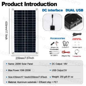 ชุดแผงโซลาร์เซลล์พกพา SOECOPO 800W: แผง 4*200W, แถมฟรีคอนโทรลเลอร์ 100A, USB 5V สำหรับอุปกรณ์ตั้งแคมป์ ชาร์จโทรศัพท์ในรถบ้าน 6