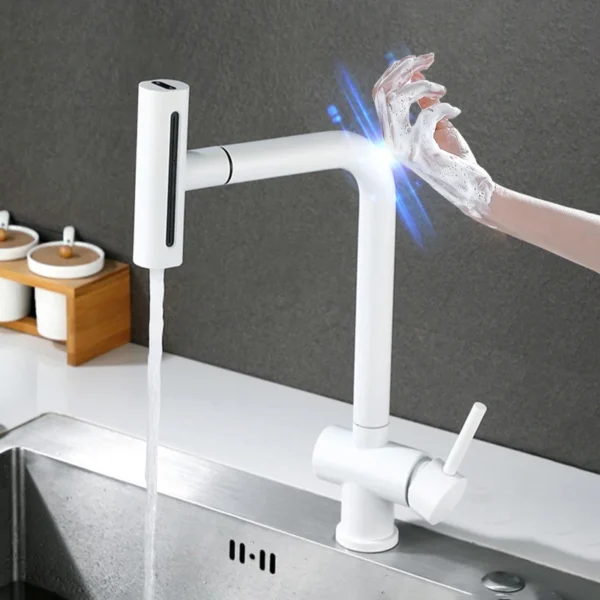 Touch on ก๊อกน้ําอ่างล้างจานน้ําตกพร้อมดึงลงก๊อกน้ําอ่างล้างจานร้อนเย็นเซ็นเซอร์สีขาว Touch Kitchen Sink Mixer Tap 1