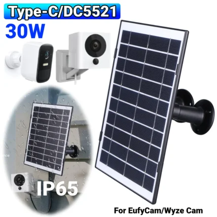 30W Solar Charger Micro USB/USB-C/DC5521 ชุดแผงพลังงานแสงอาทิตย์ IP65 กันน้ํา 9.8Ft สายชาร์จใช้งานร่วมกับ EufyCam/Wyze Cam 1