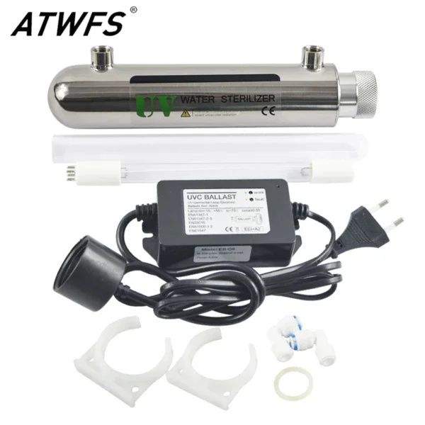 Atwfs 6W 220V ตัวกรองเครื่องฆ่าเชื้อด้วยแสง UV สแตนเลสเครื่องกรองน้ำระบบ RO สำหรับใช้ในครัวเรือนเครื่องกรองน้ำห้องครัว 1