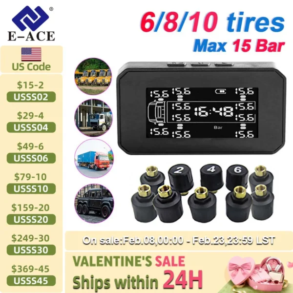 ระบบตรวจสอบความดันยางรถ TPMS ชาร์จพลังงานแสงอาทิตย์จอแสดงผล LCD 6/8/10/12 เซ็นเซอร์ความดันยางและอุณหภูมิความปลอดภัยนาฬิกาปลุก 1