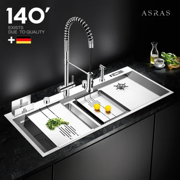 ​ ​ ASRAS 304 อ่างล้างจานอ่างล้างหน้าสแตนเลสคู่ - Undermount แบบปกปิด, กันเสียงและเครื่องซักผ้าถ้วย (120x50 ซม.) 1